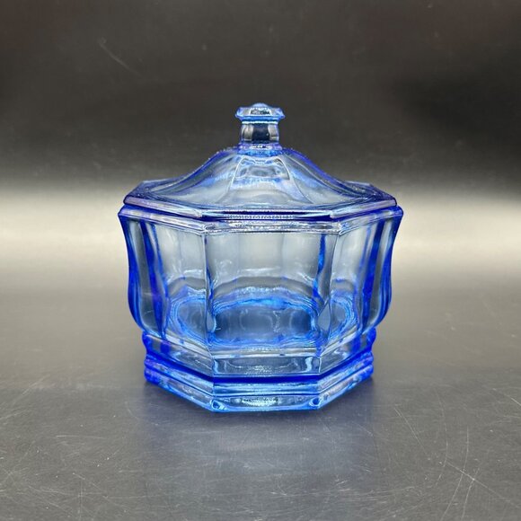 Vintage Candy Dish Blue Glass Octagon Trinket Holder Lid Indiana Glass Retro - Picture 3 of 7